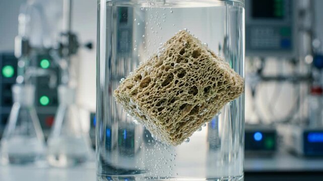 Biochar porous sponge material for carbon capture chemistry. green absorbent cube floating in clear liquid with bubbling lab equipment background