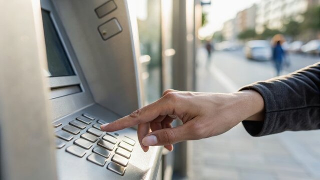 Person using an ATM machine, pressing buttons on the keypad with a blurred street scene in the background.