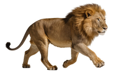 Majestic male lion with full mane walking, isolated on transparent background © Sean