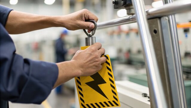 A worker applies a lockout tag with an electrical hazard warning on industrial equipment to ensure safety during maintenance or repair.