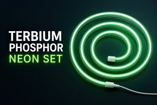 Radiant green neon coil glowing on dark background with terbium phosphor light effect