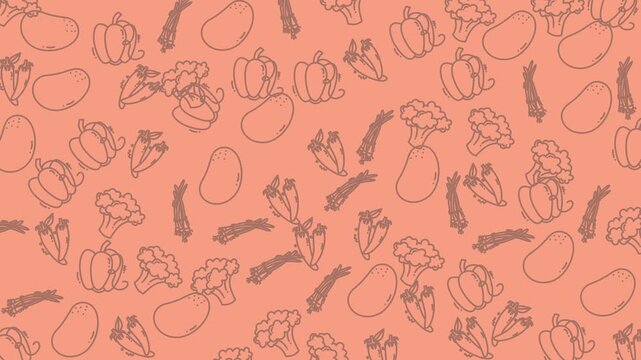 Vegetable doodle outlines on orange background for vibrant patterns great for packaging, stationery, textiles, and culinary related designs.