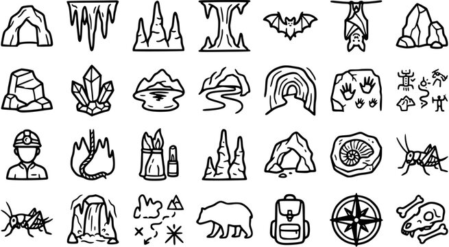 Cave and Caving Exploration Doodle Icons Set. Hand-drawn Line Art Collection of Speleology, Geology, and Prehistoric Adventure Symbols.