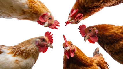 Obraz premium Five curious chickens gathered in a circle, isolated on transparent background