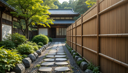 Naklejka premium Serene Japanese garden path with stepping stones and bamboo fence, leading to a traditional house, isolated on transparent background.
