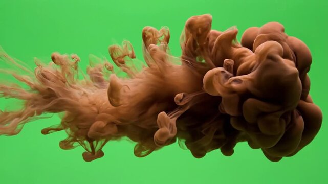 4K slow-motion cinematography shot chocolate brown ink flows from left to right swirling fluid against chroma key green screen background.