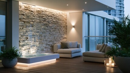 Fototapeta premium Modern balcony oasis with stone wall waterfall and comfortable seating at dusk