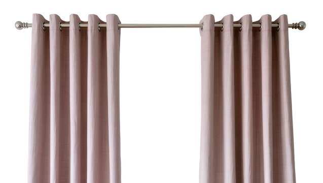 Two pink grommet curtains hanging on a silver curtain rod, isolated on transparent background