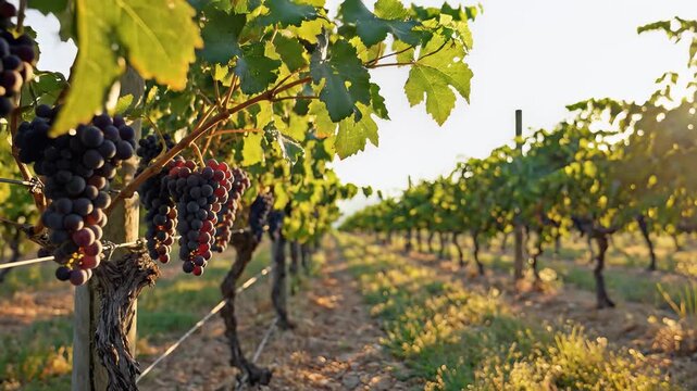 Vineyard Rows with Ripe Grapes at Sunset.