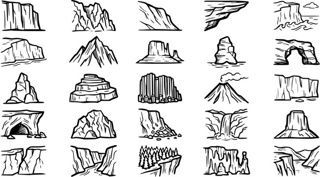 Black and White Line Art Icons of Diverse Mountain and Cliff Formations for Nature and Geology Themes