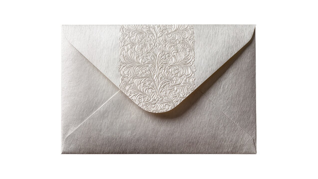 Elegant silver envelope with embossed floral pattern, isolated on transparent background