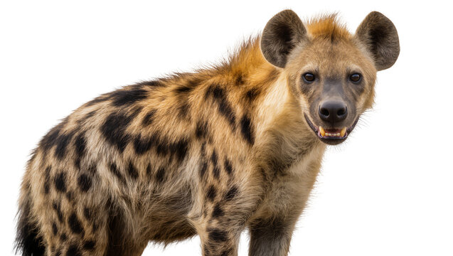 Spotted hyena with open mouth and visible teeth, isolated on transparent background