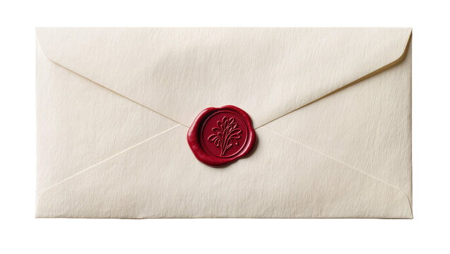 Cream envelope sealed with a red wax seal, isolated on transparent background