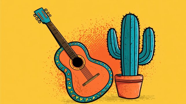 Vibrant acoustic guitar and cactus illustration on a bright yellow background