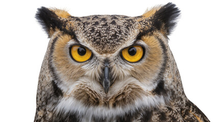Obraz premium Great Horned Owl head with piercing yellow eyes, isolated on transparent background