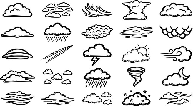 Black and White Line Art Icons of Weather Phenomena and Clouds