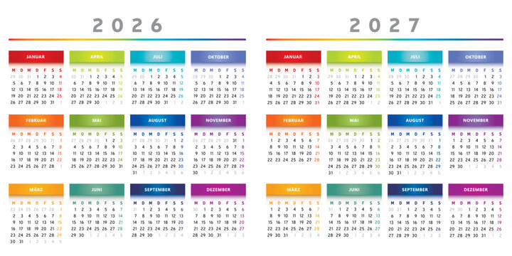 Calendrier 2026 et 2027 en Allemand - Couleurs Arc-en-Ciel Format 4 Trimestres