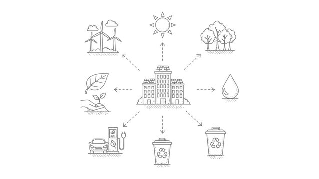 Eco-Friendly Metropolis: A conceptual illustration showcases a city center harmonizing with natural elements, symbolizing sustainable practices and ecological balance.
