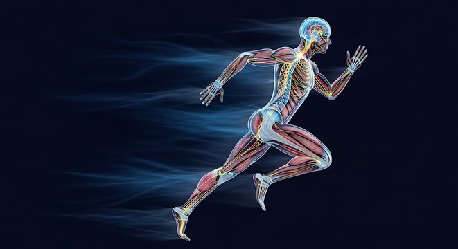 Anatomical Illustration of a Running Human Body with Muscles and Skeleton Displayed.