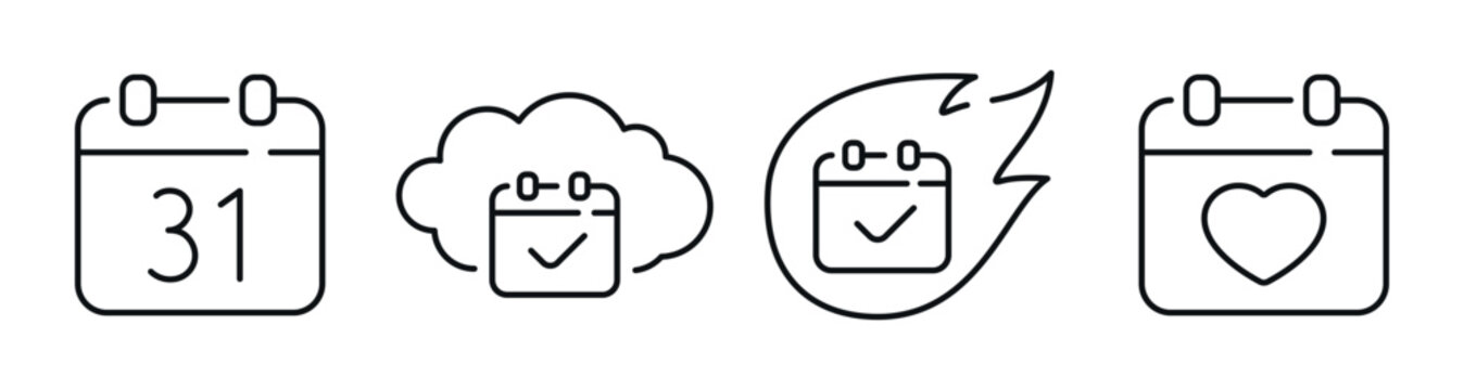 Calendar icons showing dates reminders and events in row. Editable stroke