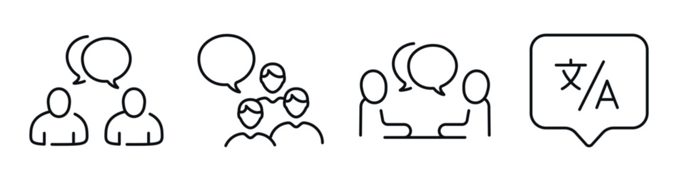 People engaging in conversation and translation in icons set. Editable stroke