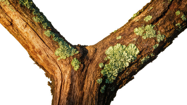 Weathered brown tree branch with green lichen patches, isolated on transparent background