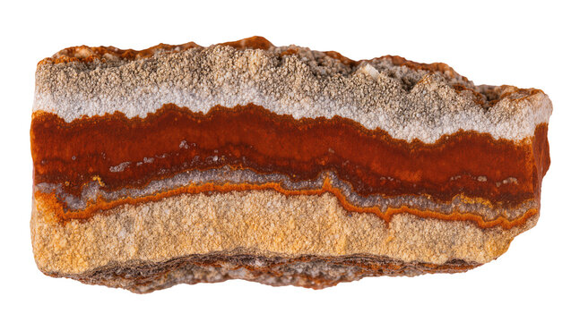 Layered rough banded agate stone with orange red and white bands, isolated on transparent background
