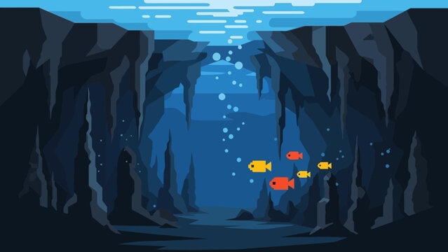 Deep Ocean Cave with Colorful Fish Swimming Underwater