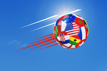 Fototapeta premium A highly detailed real soccer ball covered with multiple national flags symbolizing an international football tournament.