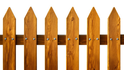 Obraz premium Wooden picket fence with pointed tops secured with metal nails, isolated on transparent background