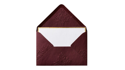 Burgundy embossed envelope with gold trim holding a white card, isolated on transparent background © Sean