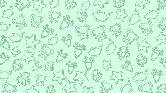 Animal doodle pattern for kids products like stationary, textiles, and decor. Light green animals and abstract shapes create a playful design.