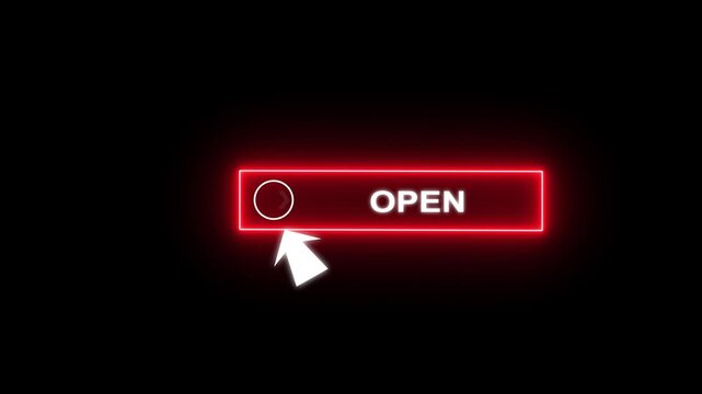 Glowing neon red color white text cursor animation pointing towards open button in looping with transparent background.