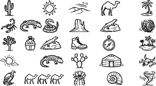Hand-drawn Black and White Line Art Desert Icons Set: Wildlife, Travel, Nature, and Adventure Elements Glyph Collection