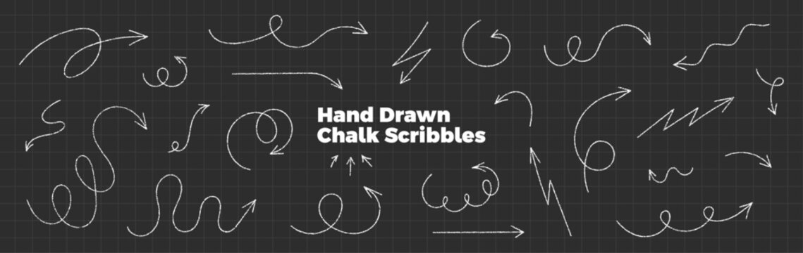 Hand drawn white chalk arrows set on black chalkboard. Doodles with grunge crayon texture. Curved and swirl scribbles. Rough brush strokes. Direction elements. Vector illustration