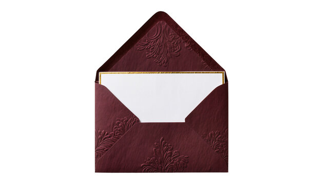Burgundy embossed envelope with gold trim holding a white card, isolated on transparent background