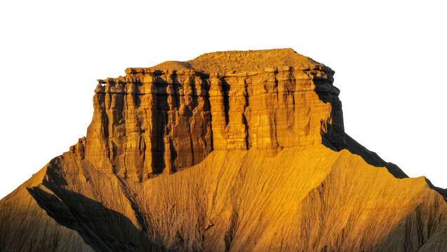 Golden sandstone mesa with layered rock formations, isolated on transparent background