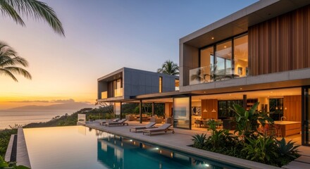 Fototapeta premium Luxury Modern Villa with Infinity Pool and Terrace Overlooking a Golden Ocean Sunset.