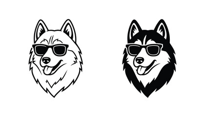 Cool husky dog wearing sunglasses vector illustration with black and white versions © Serene