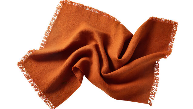 Textured burnt orange linen napkin with frayed edges, isolated on transparent background