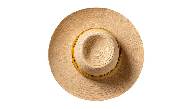 Wide-brimmed woven straw sun hat with yellow ribbon band, isolated on transparent background