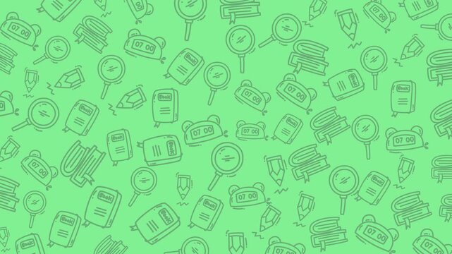 Education doodle with vibrant green pattern of books, magnifying glasses, and alarm clocks. Ideal for educational designs, school projects, or digital learning materials.
