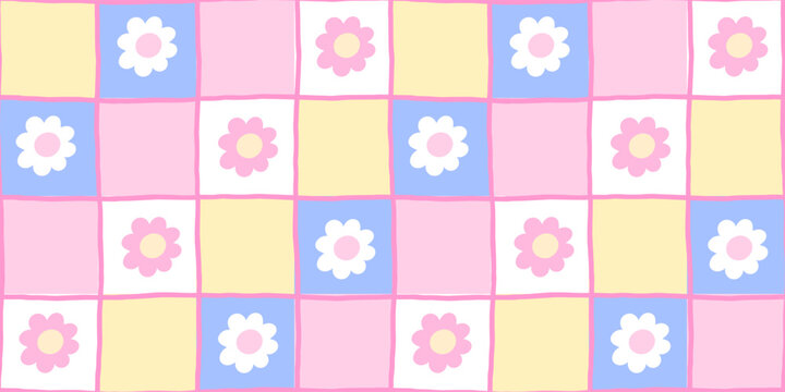 Tiny y2k pattern with gingham and small lilac flower check for a seamless easter tile. Watercolor little tablecloth in girly vector vichy ditsy daisy fabric with pastel ribbon and girl simple.