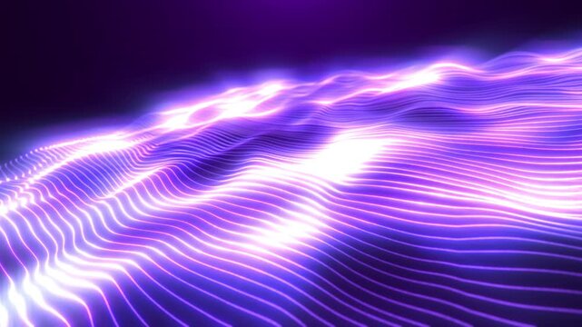 Glowing purple neon waves with flowing digital lines and futuristic energy motion. Abstract technology background for sci-fi visuals and motion graphics.