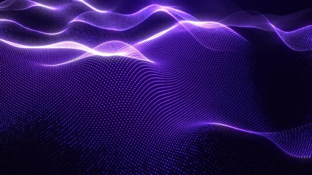 Abstract purple particle waves with glowing digital mesh and futuristic energy flow. Technology background for sci-fi visuals and motion graphics projects.