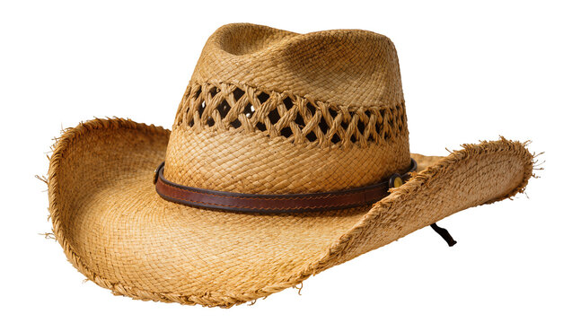 Woven straw cowboy hat with leather band and decorative weave, isolated on transparent background