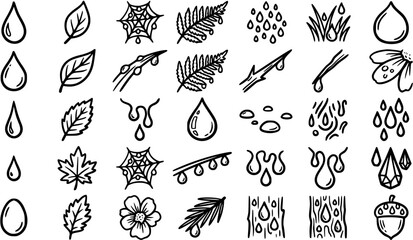 Black and White Line Art Icons of Water Droplets, Leaves, Flowers, and Nature Elements for Weather or Ecology Themes © victoria