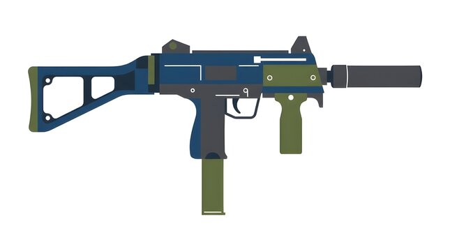 Flat vector art of a modern tactical submachine gun equipped with a silencer and forward grip, rendered in blue and olive green tones.