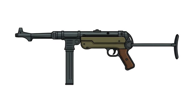 A detailed vector illustration of a classic WWII era submachine gun with a folding stock, featuring a clean flat design style on a white background.