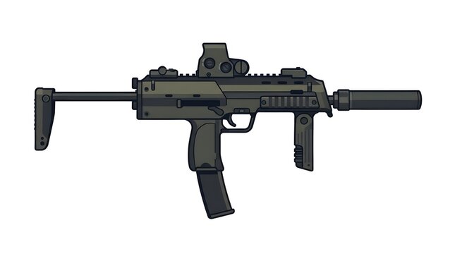 Detailed illustration of a modern personal defense weapon (PDW) featuring a holographic optic, suppressor, and extended magazine in a tactical olive drab finish.